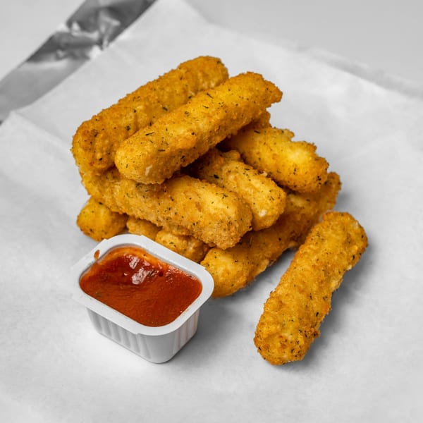 A pile of golden-brown mozzarella sticks with herbs, next to a small container of red dipping sauce.